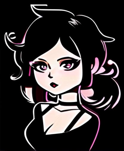  line art drawing a girl with side parted medium long black hair in a low pony tail, pink eyes with mascara, pale white skin, a black shoulder less top with long sleeves and a black chocker/collar. professional, sleek, modern, minimalist, graphic, line art, vector graphics