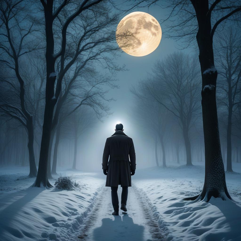  in the dark snow, the fog walks a man's back, the moon shines a scary dark shadow of the man in the trees hyperrealistic, full body, detailed clothing, highly detailed, cinematic lighting, stunningly beautiful, intricate, sharp focus, f/1. 8, 85mm, (centered image composition), (professionally color graded), ((bright soft diffused light)), volumetric fog, trending on instagram, trending on tumblr, HDR 4K, 8K