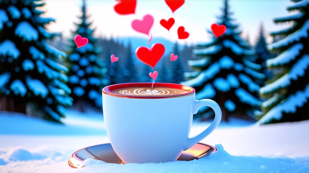  coffee cup with hearts flying out of it standing on snow, snowy forest background, digital art, hyper realistic photography, very beautiful, highly detailed cute, high quality photos, high quality, beautiful wallpaper ar 16:9 {prompt}, maximum details