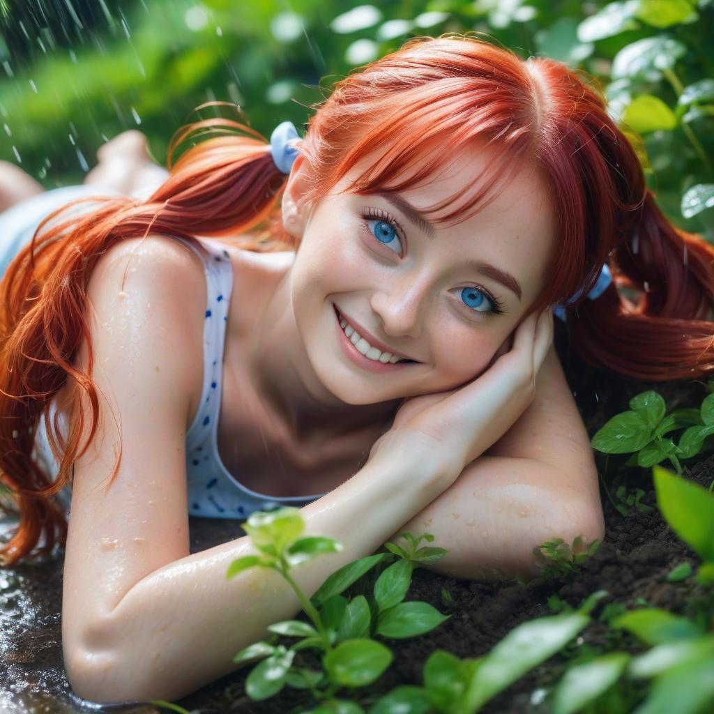  absolutely of 25, lying on her back, , sharp s, red hair, blue eyes, light smile, two pigtails, skin, hands behind her head, legs open, to the sides, light on the inside of the thigh. lying in the garden. it is raining., hkmagic