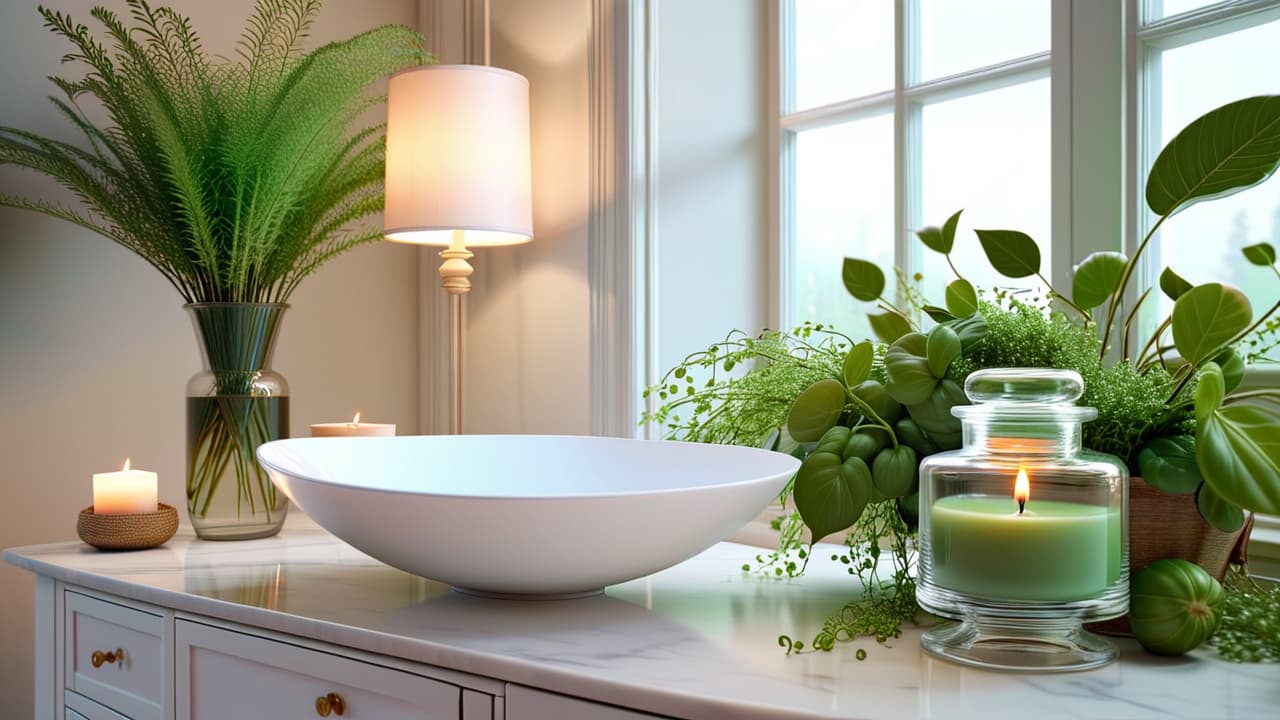  a serene spa setting featuring elegant skincare products on a marble vanity, surrounded by lush greenery, soft lighting, and delicate glass jars, evoking a sense of luxury and tranquility. hyperrealistic, full body, detailed clothing, highly detailed, cinematic lighting, stunningly beautiful, intricate, sharp focus, f/1. 8, 85mm, (centered image composition), (professionally color graded), ((bright soft diffused light)), volumetric fog, trending on instagram, trending on tumblr, HDR 4K, 8K