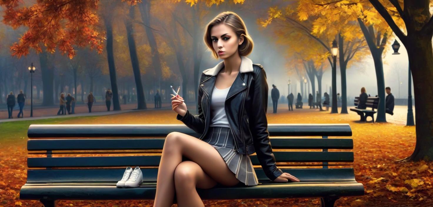  hyperrealistic art a very skinny sad young woman in a very short skirt smokes a cigarette sitting on a bench in an autumn park on a cloudy evening . extremely high resolution details, photographic, realism pushed to extreme, fine texture, incredibly lifelike