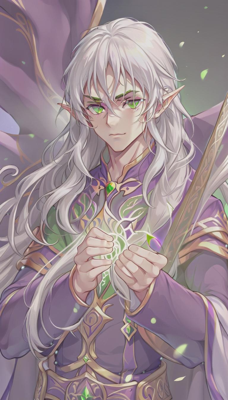  breathtaking man, elf, long white hair, green eyes, purple clothes, five fingers on the hands . award winning, professional, highly detailed, sticker