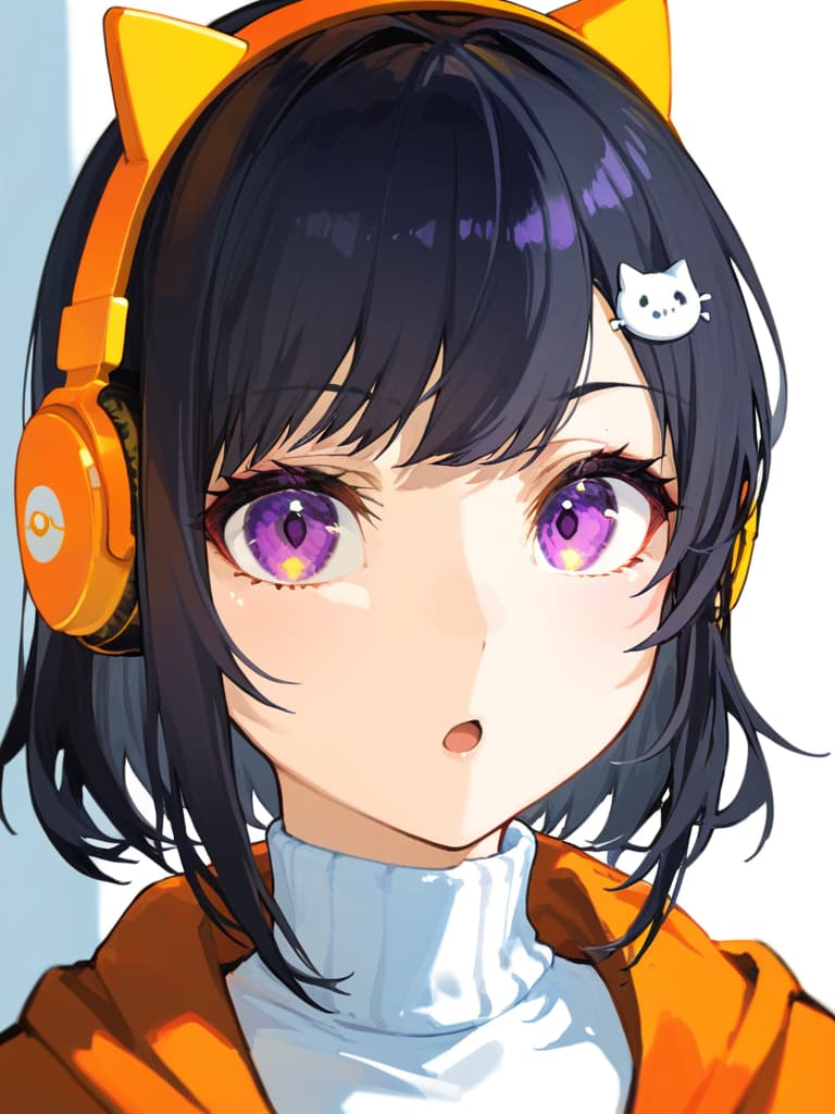  (black cat ear headphones: 1.2), masterpiece, open mouth, best quality, close up, from front, medium hair, (purple eyes: 1.4) g, orange overside jacket, (shoulder glass: 1.2), (white turtleneck: 1.1), (hair pin: 1.3)