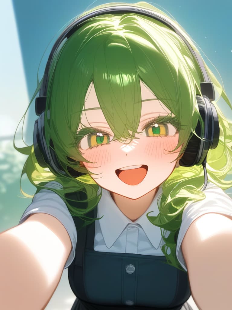  hagakure tohru bangs black clothes black blue clothing collared shirt dress shirt gloves hair between eyes long sleeves mini pleated uniform shirt shirt tucked in short sleeves rolled up sleeves uniform white shirt blush s age eyelashes woman (((with open arms:1.3))) (((i'm feeling excited))) (((headphones:1.3))) green eyes green hair big s medium length hair messy hair short hair teeth upper teeth upper teeth only smirk open mouth open mouth smile one arm outstretched smiling v sign looking at camera one woman alone english language english text text colored eyelashes curly hair ai created