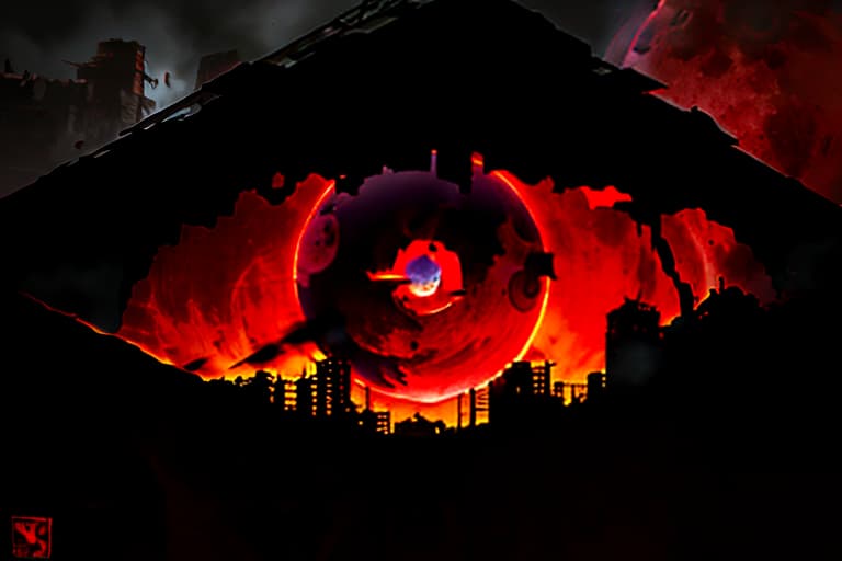  Logo with an eye hidden beneath a blood red moon surrounded by a ruined city, moral decay, drugs, murder, more blood, alcohol, decay, fall of civilization, gloom, oppression, withering, disillusionment, realistic, detailed, textured, skin, hair, eyes, by Alex Huguet, Mike Hill, Ian Spriggs, JaeCheol Park, Marek Denko hyperrealistic, full body, detailed clothing, highly detailed, cinematic lighting, stunningly beautiful, intricate, sharp focus, f/1. 8, 85mm, (centered image composition), (professionally color graded), ((bright soft diffused light)), volumetric fog, trending on instagram, trending on tumblr, HDR 4K, 8K