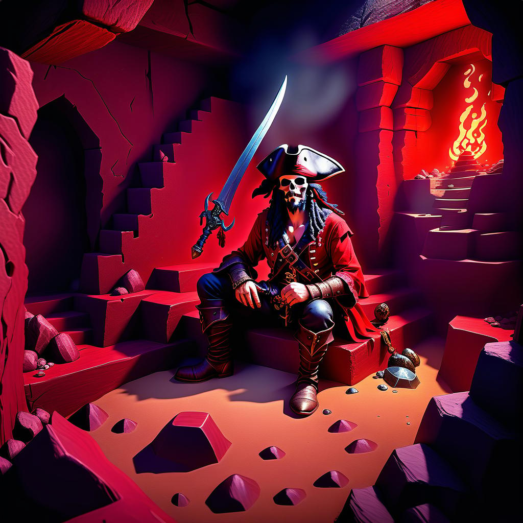  role playing game (rpg) style fantasy the pirate sits in a deep pit with a red kazah . detailed, vibrant, immersive, reminiscent of high fantasy rpg games