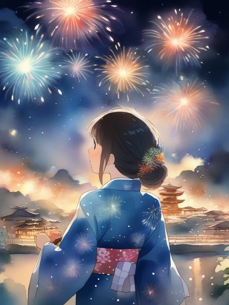  fireworks, yukata, girls, night sky