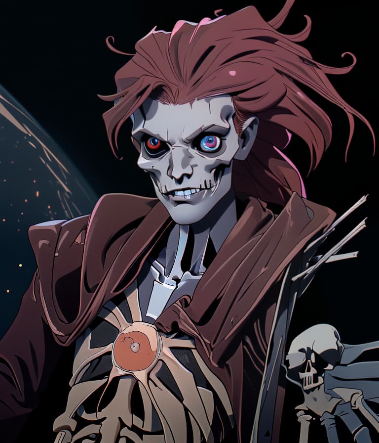  skeleton with some flesh, shooting lasers, wearing a crucifix on neck, only one eyeball, on a pirate ship in space, chest up, looking at viewer