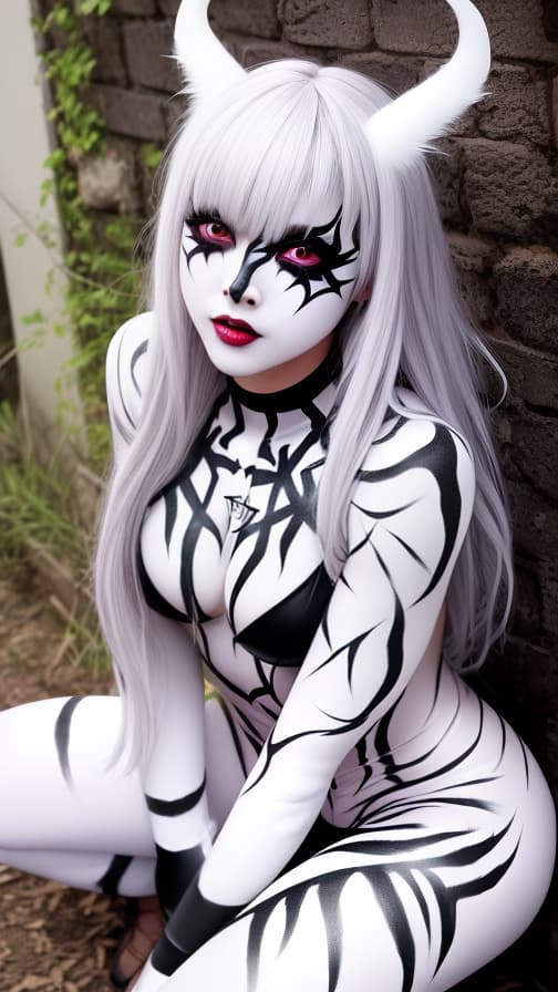  White Spider-patterned body paint in every corner of the whole body, full-body, Blark body paint, Silver face paint on the face, succubus 女性