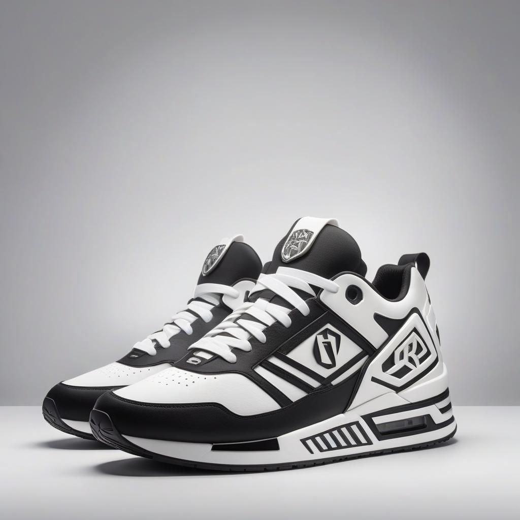  art deco style make an emblem with sneakers. black white . geometric shapes, bold colors, luxurious, elegant, decorative, symmetrical, ornate, detailed, logo hyperrealistic, full body, detailed clothing, highly detailed, cinematic lighting, stunningly beautiful, intricate, sharp focus, f/1. 8, 85mm, (centered image composition), (professionally color graded), ((bright soft diffused light)), volumetric fog, trending on instagram, trending on tumblr, HDR 4K, 8K