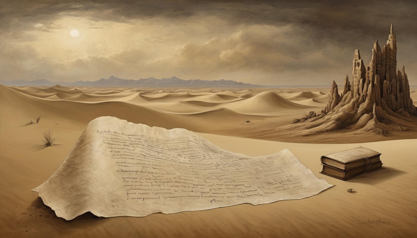  on parchment, surrealism++, desert landscape, ancient scroll partially buried in the sand, warning text barely visible, ominous skies, desolation and heedfulness, a moment frozen in time(mysterious, provocative, symbolic)++