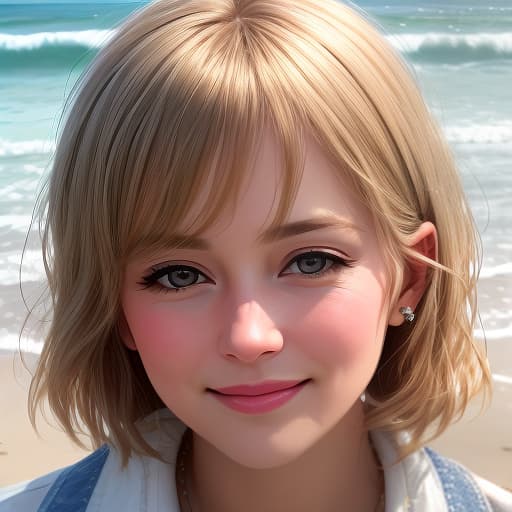  1 old masha, standing on the beach , realism, photorealistic, hyperrealistic, hyperdetailed, analog style, demure, detailed skin, pores, smirk, smiling eyes, matte skin, soft lighting, subsurface scattering, realistic, heavy shadow, masterpiece, best quality, ultra realistic, 8k, golden ratio, intricate, high detail, film photography, soft focus