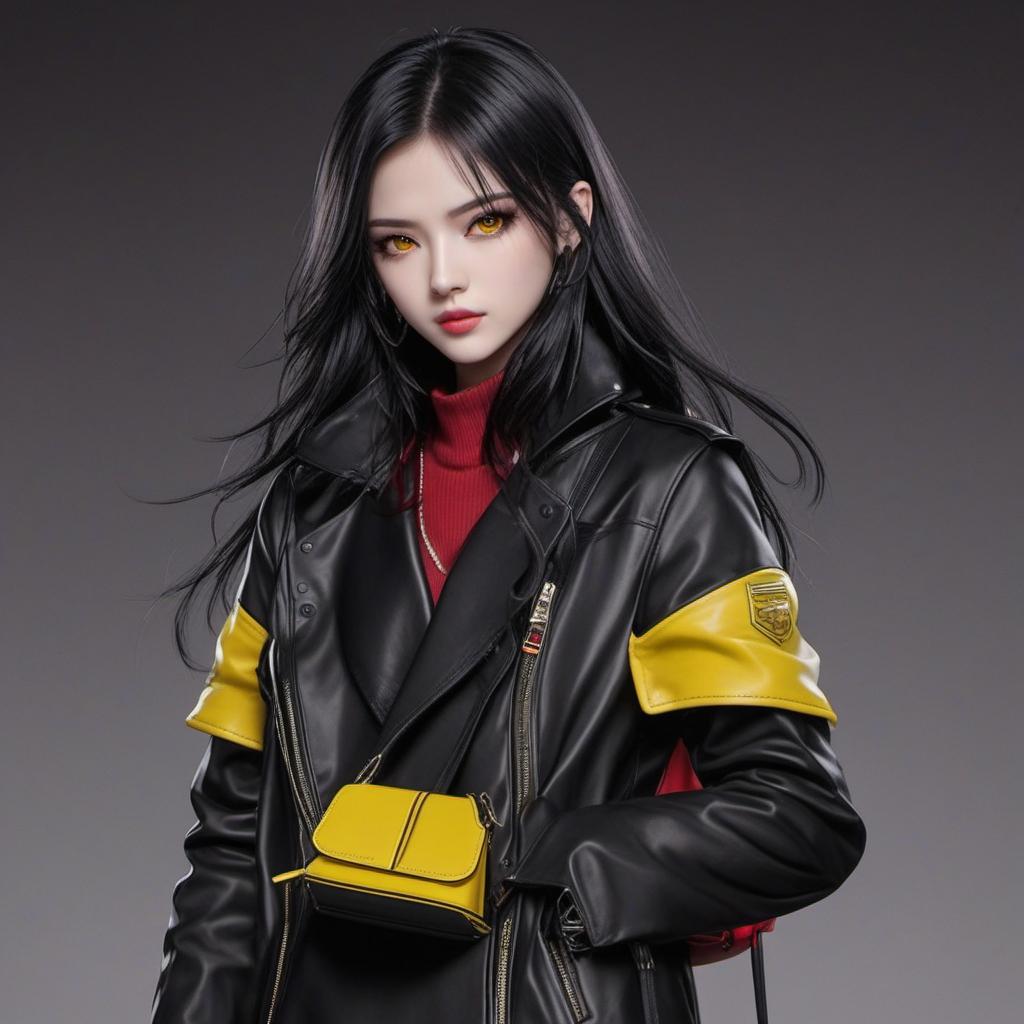  black longish hair, yellow eyes. sharp teeth. red glooves. black leather coat. red bags underneath my eyes. pale face., anime style, manga style, manhwa style