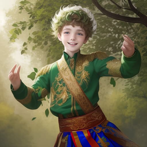  a boy with a kind smile, green eyes, leaves from a tree instead of a hairstyle on his head dances a full length russian folk dance and looks straight