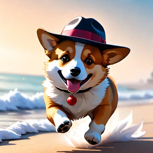  a corgi in a fedora running down the beach in ultra realistic style hyperrealistic, full body, detailed clothing, highly detailed, cinematic lighting, stunningly beautiful, intricate, sharp focus, f/1. 8, 85mm, (centered image composition), (professionally color graded), ((bright soft diffused light)), volumetric fog, trending on instagram, trending on tumblr, HDR 4K, 8K