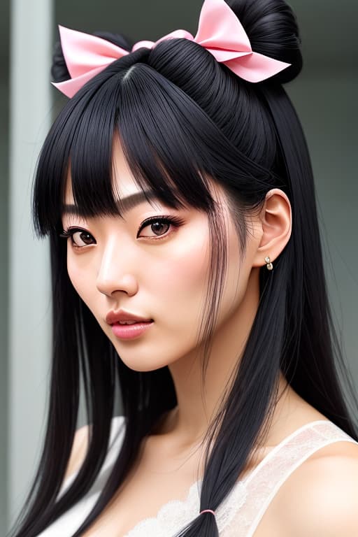  The Japanese woman with the most beautiful face in the world, big dreamy eyes, piercing and confident eyes, proud bust, s, pink s and areola, slim figure, fair skin, intricate and delicate skin, and slightly slender lips. The opening is attractive, the light and shadow changes show excellent skin quality, wearing cute bow knot , the are clearly separated, the hair is , the black hair is long, and the bun is shaped like a laurel wreath. hyperrealistic, full body, detailed clothing, highly detailed, cinematic lighting, stunningly beautiful, intricate, sharp focus, f/1. 8, 85mm, (centered image composition), (professionally color graded), ((bright soft diffused light)), volumetric fog, trending on instagram, trending on tumblr, HDR 4K, 8K