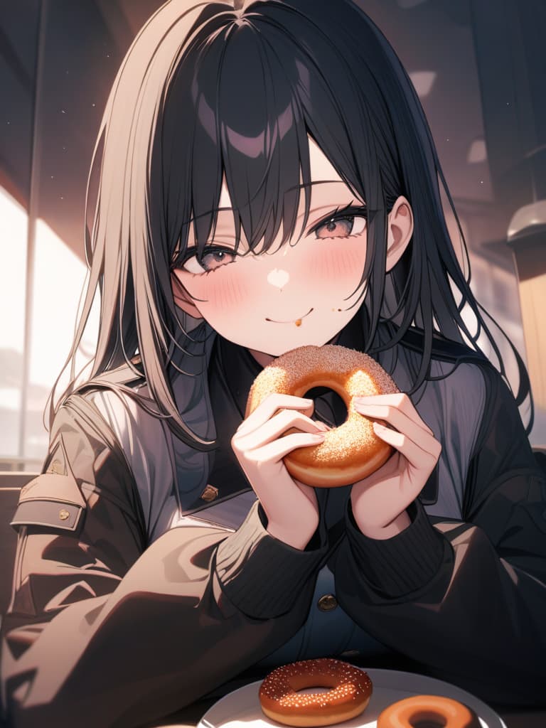  long black hair, beautiful, uniform, eating, donut, smile, masterpiece, best quality,8k,ultra detailed,high resolution,an extremely delicate and beautiful,hyper detail