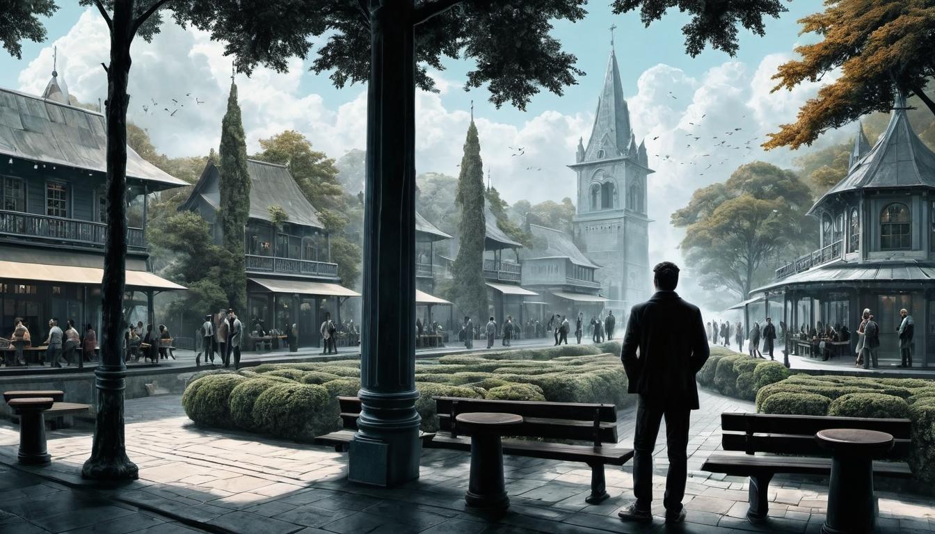  （surrealism)people standing at different familiar locations like a gym, park, and a cafe, same faces and gestures, repetition, adopting the same spots. mystic, intricate details, best quality)