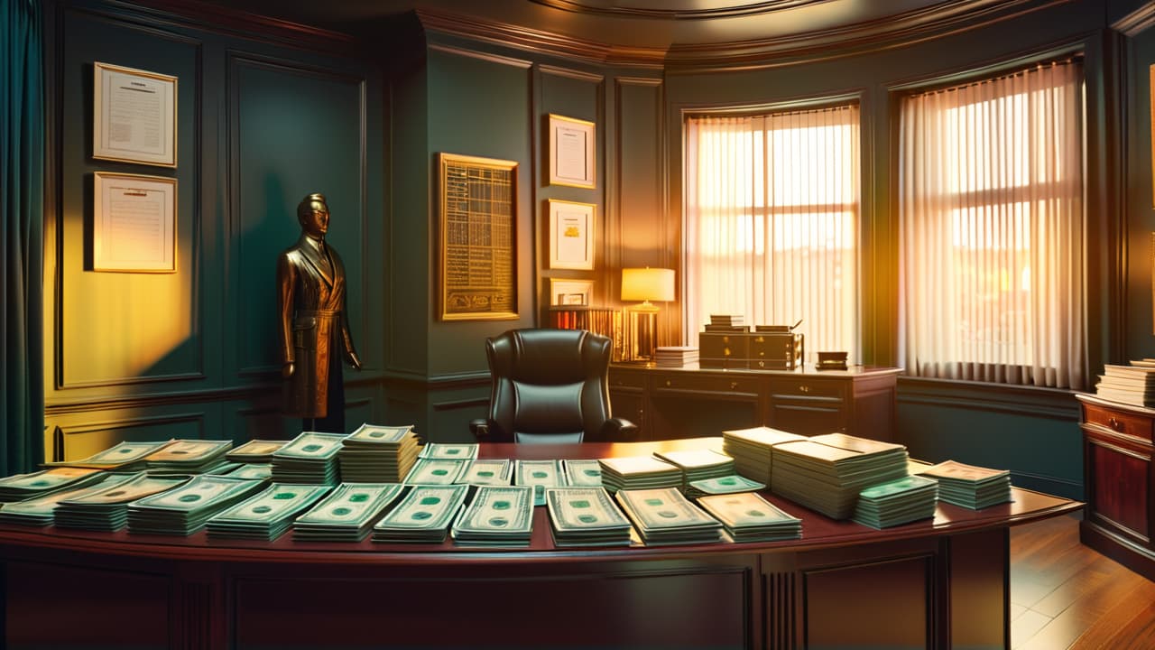  a luxurious office with a golden framed window showing a thriving franchise storefront, stacks of cash on a polished desk, and a vision board filled with franchise logos, symbolizing wealth and opportunity. hyperrealistic, full body, detailed clothing, highly detailed, cinematic lighting, stunningly beautiful, intricate, sharp focus, f/1. 8, 85mm, (centered image composition), (professionally color graded), ((bright soft diffused light)), volumetric fog, trending on instagram, trending on tumblr, HDR 4K, 8K