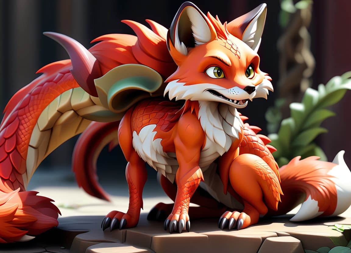  anime artwork animal, hybrid, full length mixture of fox and lizard, fox with scales on his stomach, red fur, long tail, scales on his stomach, dragon scales . anime style, key visual, vibrant, studio anime, highly detailed, sticker