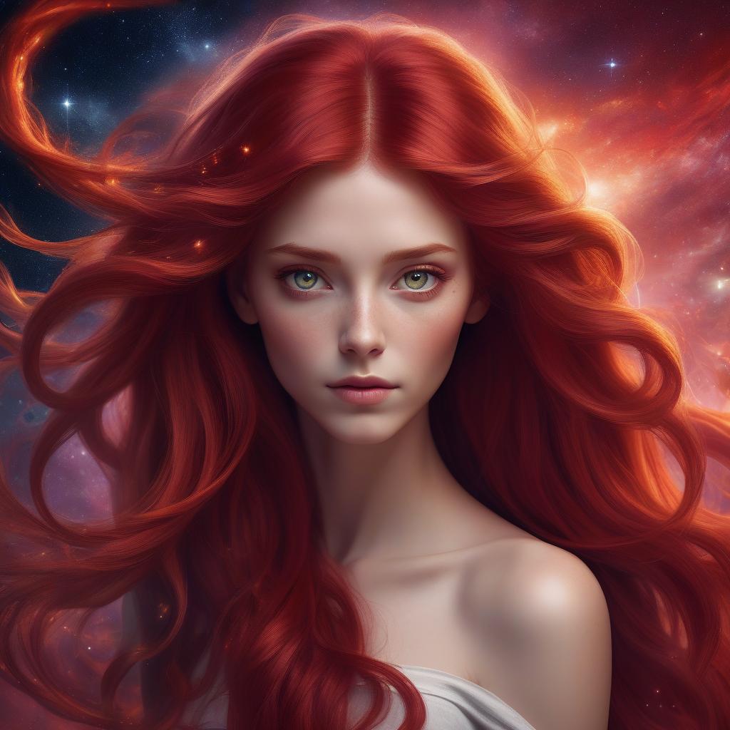  serene woman, long **crimson red hair** merging into cosmic winds, symbolizes aries, calm and bold expression, soft luminous skin, cosmic sky background, **deep red and black hues** with swirling galaxies, mystical atmosphere, eyes with a powerful, daring glow, hidden strength, courage, **crimson and black tones** in clothing, and **red light** illumination, 4k digital artwork, ultra realistic, high definition