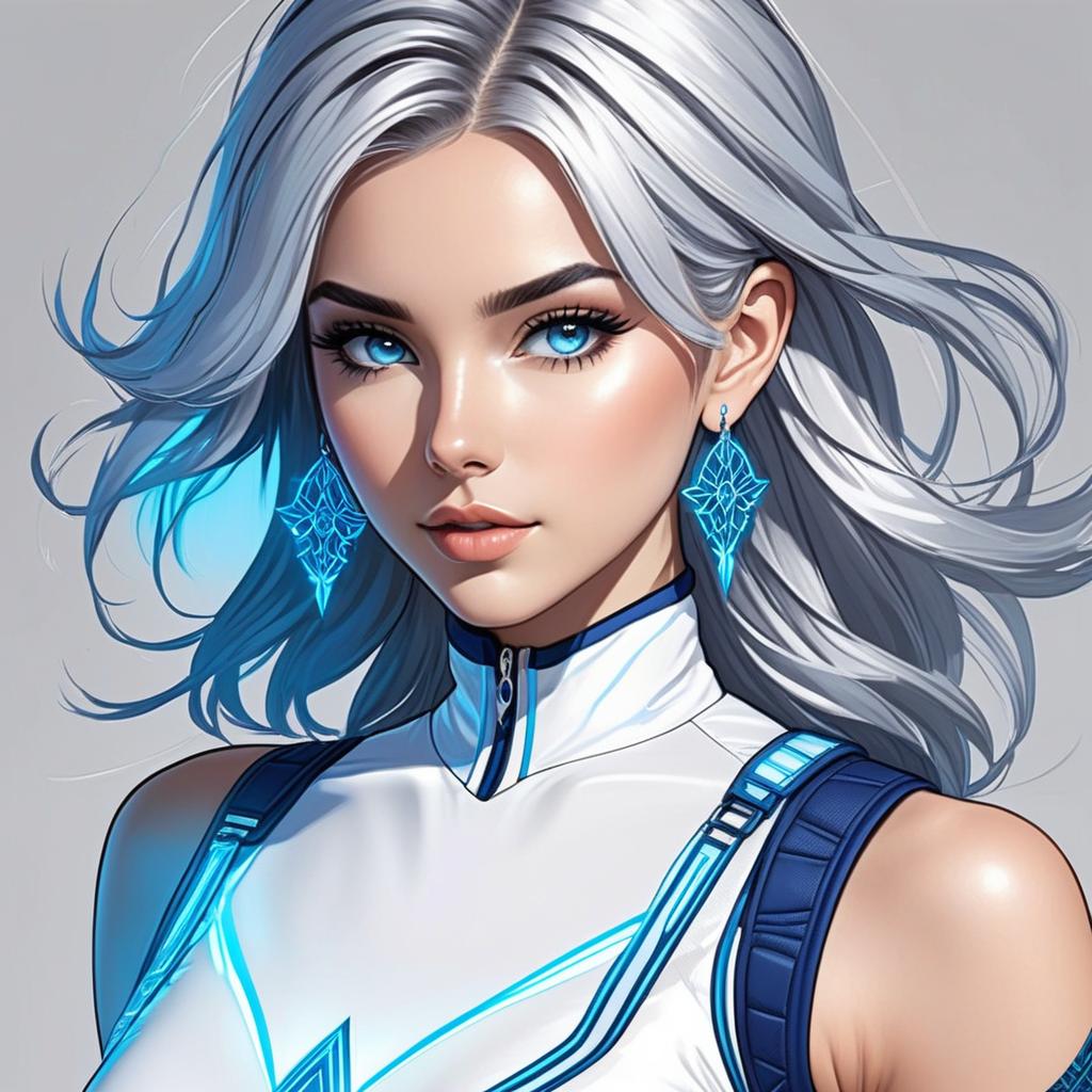  line art drawing a girl. she is athletic and toned. she has short and silver hair with a streak of dark blue running through the front of her hair. she has sharp ice blue eyes. she has a scar on her face running from her left temple to her jawline. she is wearing a form fitting high collared bodysuit in dark grey. she has a sleeveless, knee length white coat with blue trim on top of it. she has multiple earrings on each ear. she has fingerless gloves with intricate glowing circuitry. she has sturdy boots with similar circuitry, and a necklace with a dreamcatcher pendant.. professional, sleek, modern, minimalist, graphic, line art, vector graphics