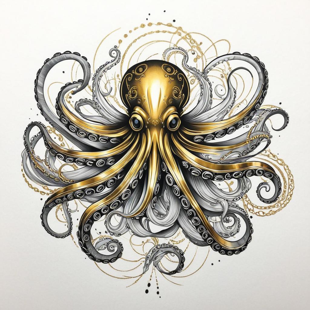  a cybernetic octopus using gold silver and black,(tattoo), tattoo design