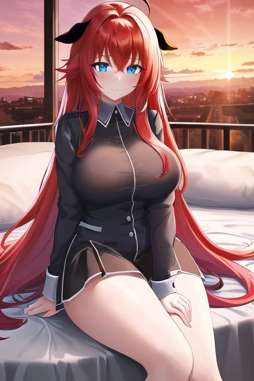  ,laying on bed,masterpiece, best quality, 1women, long red hair, looking at viewer, :3, cute, black uniform, outdoors, streets, cow shot, curvy, (((blue eyes))), rias gremory, red hair, antenna hair, wavy hair, ((beautiful detailed eyes, beautiful detailed glow, lots of glow)), anime screencap,sunset, sunset behind her, sunset background, masterpiece, best quality, high quality, solo