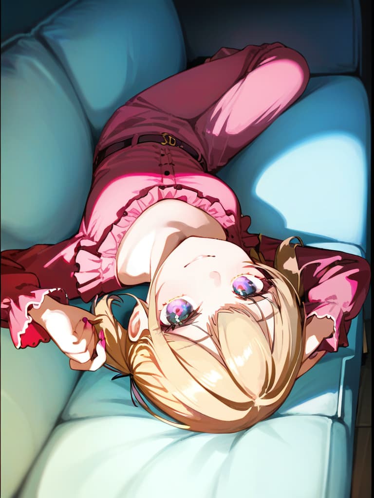  ultra detailed:1.2,masterpiece:1.2,best quality,masterpiece,bestquality,hdr:1.1,8k:1.1,very cute girl:1.3,(pink color,long sleeve frill dress,pants set:1.6),(lying on side:1.4),smile:1.4 ,(blonde hair,twintail,drill hair:1.3) ,(on the couch:1.7),upper body:1.3,dutch angel:1.5,close mouth,(upside down:1.7)(from above:1.1)((eyes highlight:1.1))