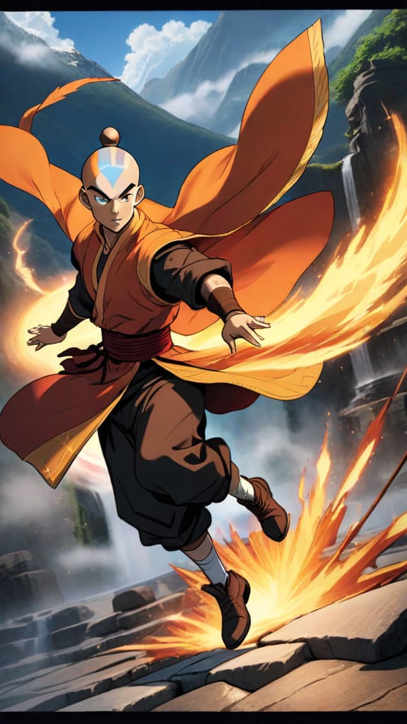  an anime image of aang mastering the avatar state, defeating zuko, azula, and ozai effortlessly. hyperrealistic, full body, detailed clothing, highly detailed, cinematic lighting, stunningly beautiful, intricate, sharp focus, f/1. 8, 85mm, (centered image composition), (professionally color graded), ((bright soft diffused light)), volumetric fog, trending on instagram, trending on tumblr, HDR 4K, 8K