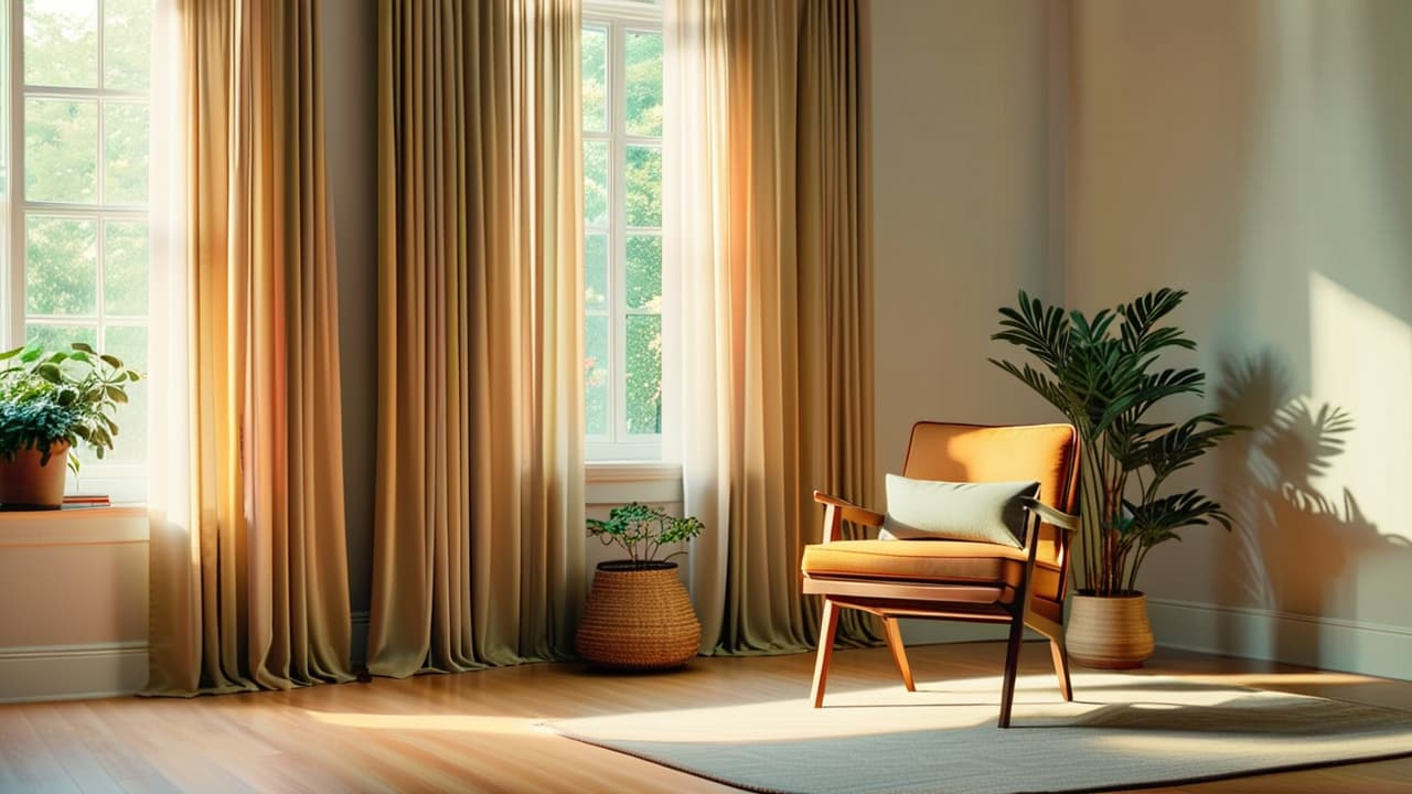  a serene, uncluttered room featuring a single elegant chair, a small potted plant on a simple table, soft natural light filtering through sheer curtains, and a calm color palette of whites and earthy tones. hyperrealistic, full body, detailed clothing, highly detailed, cinematic lighting, stunningly beautiful, intricate, sharp focus, f/1. 8, 85mm, (centered image composition), (professionally color graded), ((bright soft diffused light)), volumetric fog, trending on instagram, trending on tumblr, HDR 4K, 8K