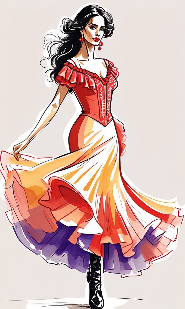  minimalist style sketching with short strokes, with multicolor pencil, spanish dancer in spanish dress dancing flamenco, full length, in boots, long dress, beautiful eyes, slight smile, fine lines, elegant, on the white background. contours. long loose black hair. . simple, clean, uncluttered, modern, elegant