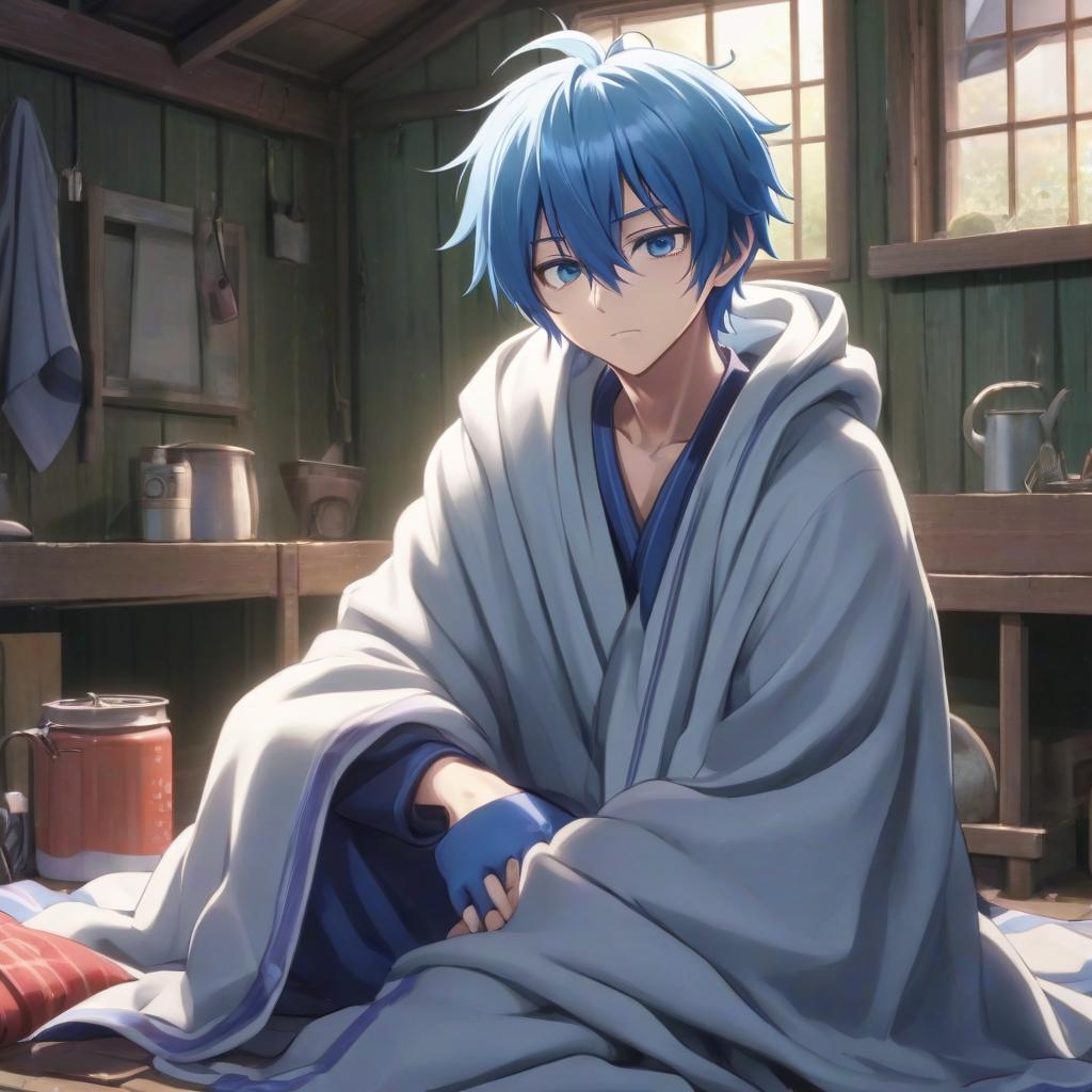  the main character, kaito hanada, an ordinary japanese student with blue hair, wakes up in some shed in a blanket