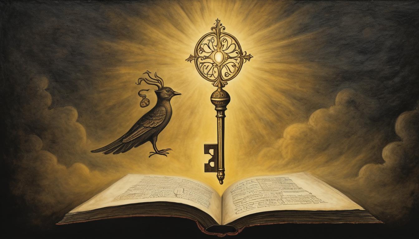  on parchment, surrealism++, golden key, suspended in mid air, radiating light, dark background, aura of hope(mysterious, provocative, symbolic)++