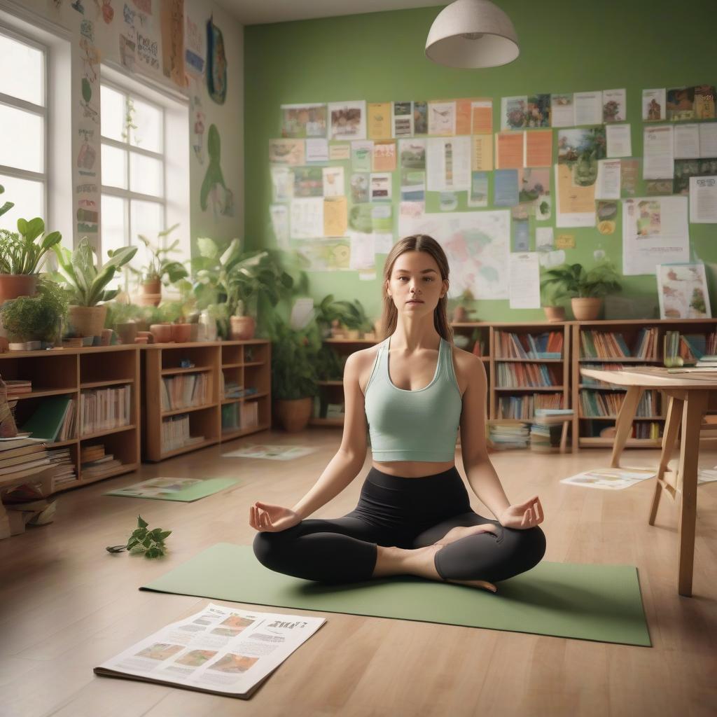  the classroom, the girl on the yoga mat, there are posters on the walls with wise tips for a healthy lifestyle, and greenery. there are carelessly scattered books on nutrition on the floor.