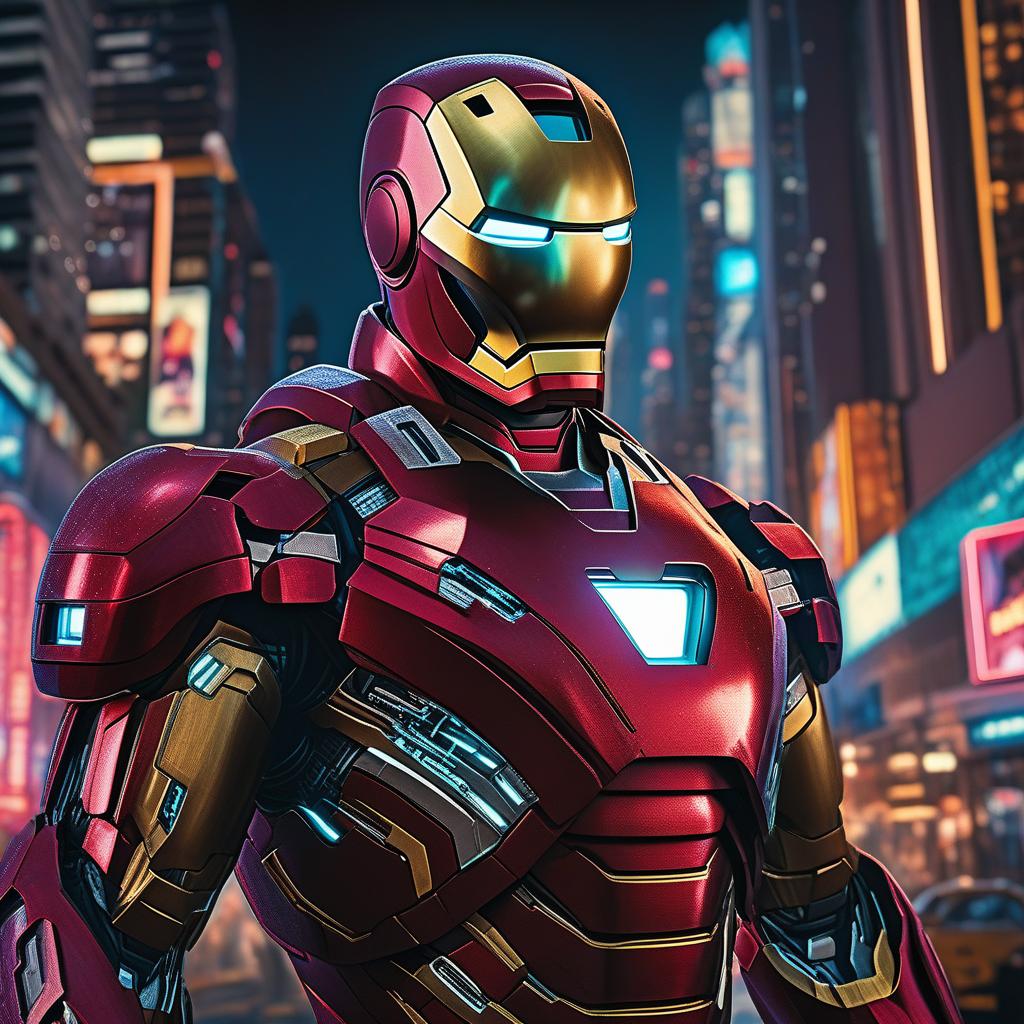  masterpiece, best quality, masterpiece, 8k resolution, realistic, highly detailed, Iron Man close-up. He stands on a street lined with tall buildings in a cyberpunk style city at night. The city's night lights are bright, and the surrounding buildings and streets are full of cyberpunk elements such as neon lights, high-tech equipment and futuristic architectural design.