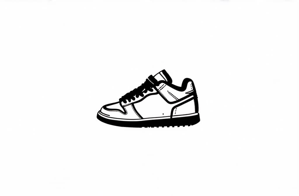  contour, very simple image in one unbroken black ink line, single line of sneakers, engraving illustration, icon isolated on white background ar 3:2 using a single continuous black line ink brushon white background, drawing should be created without lifting the pen, recognizable features of sneakers, engraving illustration, icon isolated on white background ar 3:2 in one unbroken line