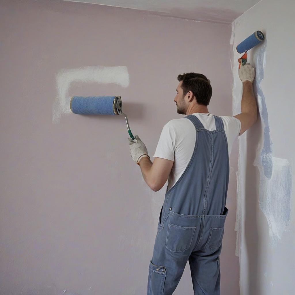  a man in overalls paints a wall with a roller