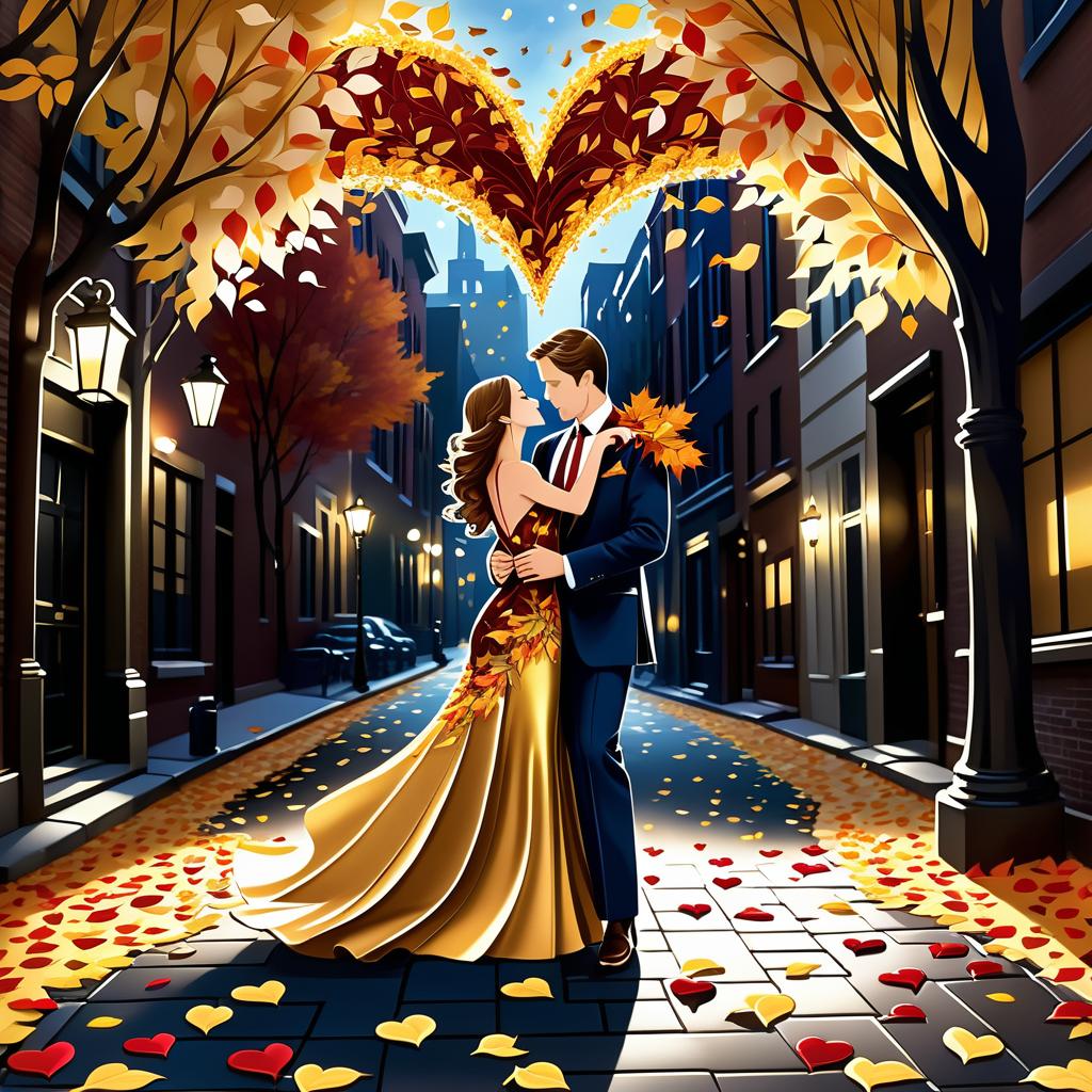  luxury product style on a carpet of yellow leaves in a simple dress of wind given crepe autumn danced a waltz boston in an alleyway. the warm day flew away and the saxophone sang hoarsely. (background of the card): falling autumn leaves, a whirlwind of autumn leaves, wind saxophone, ((a box of chocolates, the inscription "autumn waltz")) , a greeting card. (heart), a beautiful figure made of contours in the shape of a heart. (heart colour): night sky background, stars, gold pattern. (style):fantasy, autumn art, autumn romance. (colours):gold, green gold, navy blue, red, red gold, brown gold, silver, golden blue, bluish blue, dark blue on gold . elegant, sophisticated, high end, luxurious, professional, highly detailed