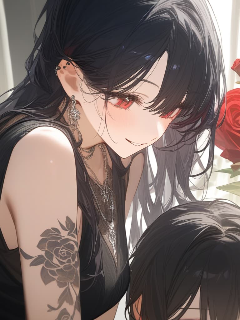  long hair, black hair, hair tips are pink, red eyes, hanging, bangs, and length of bangs, smiles, adults, adult faces, piercings, necklaces, black lace clothes, red rose tattou on arms in contained, thin makeup, rose tattoo on the arm, pink and black hair, masterpiece, best quality,8k,ultra detailed,high resolution,an extremely delicate and beautiful,hyper detail