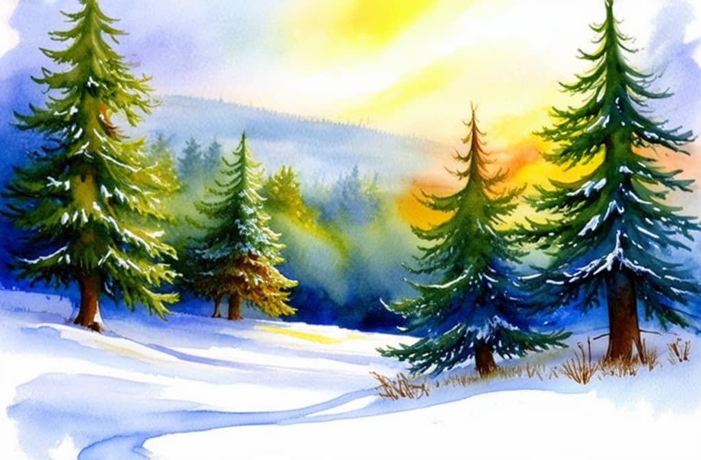  artwork winter landscape, winter fairy tale in the forest ar 16:9 ar 3:2, watercolor techniques, featuring fluid colors, subtle gradients, transparency associated with watercolor art