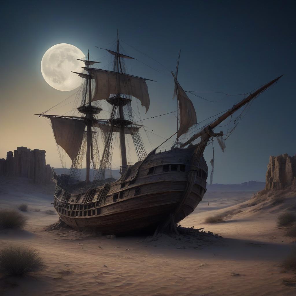  photorealism. ruins of a medieval sailing ship in the moonlight in the desert.