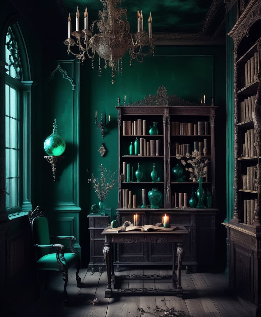  gothic style the dark room. wooden furniture in classic style. dried flowers in emerald vases. old books. burns. web and dust. no lighting. the moon outside . dark, mysterious, haunting, dramatic, ornate, detailed