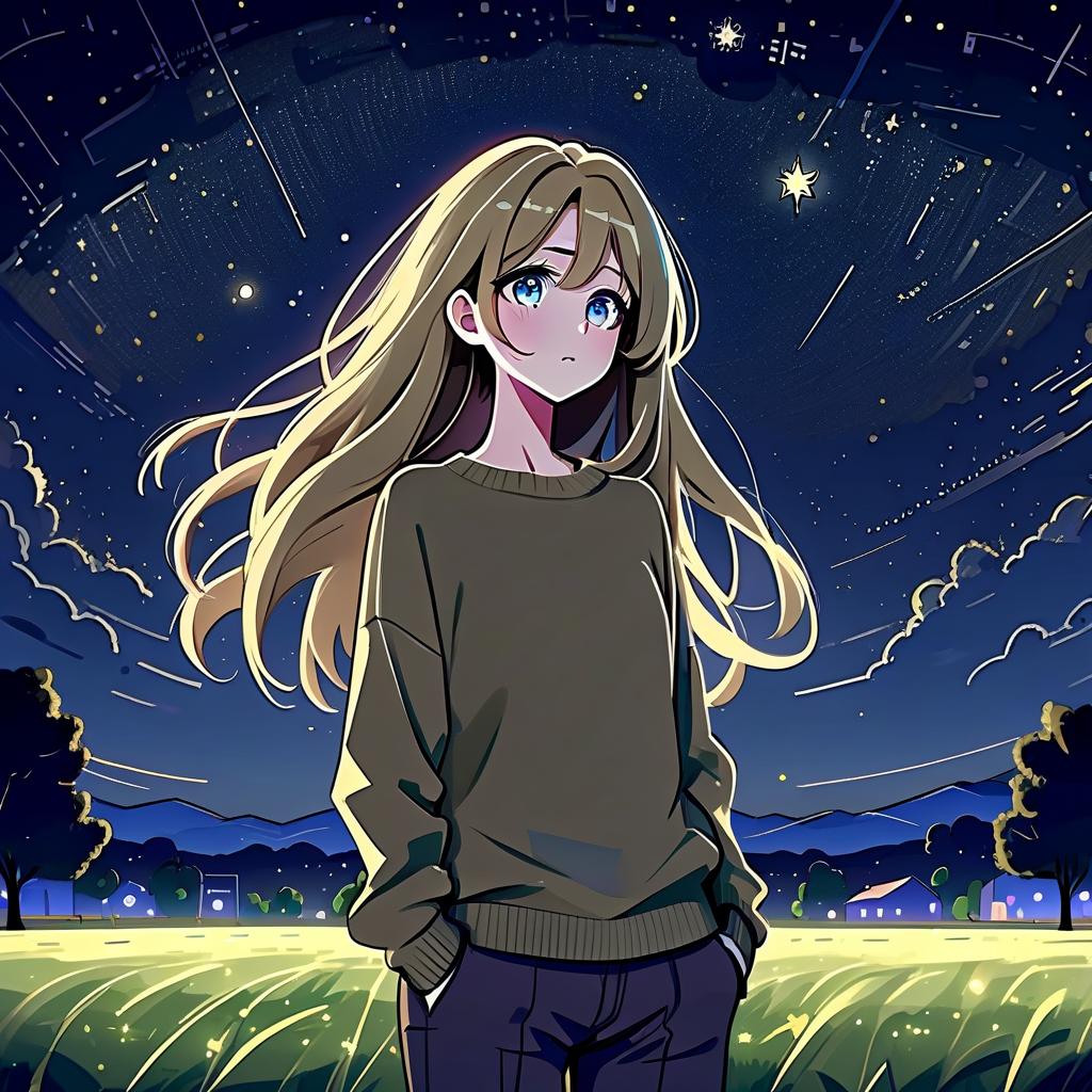  architectural style a girl in anime style with long hair stands in the middle of the field at night wearing a khaki sweater and pants. the girl looks at the starry sky at night, her eyes of a specific color are full of joy from the unknown and curiosity. she pulls her hand up towards the night sky. . clean lines, geometric shapes, minimalist, modern, architectural drawing, highly detailed