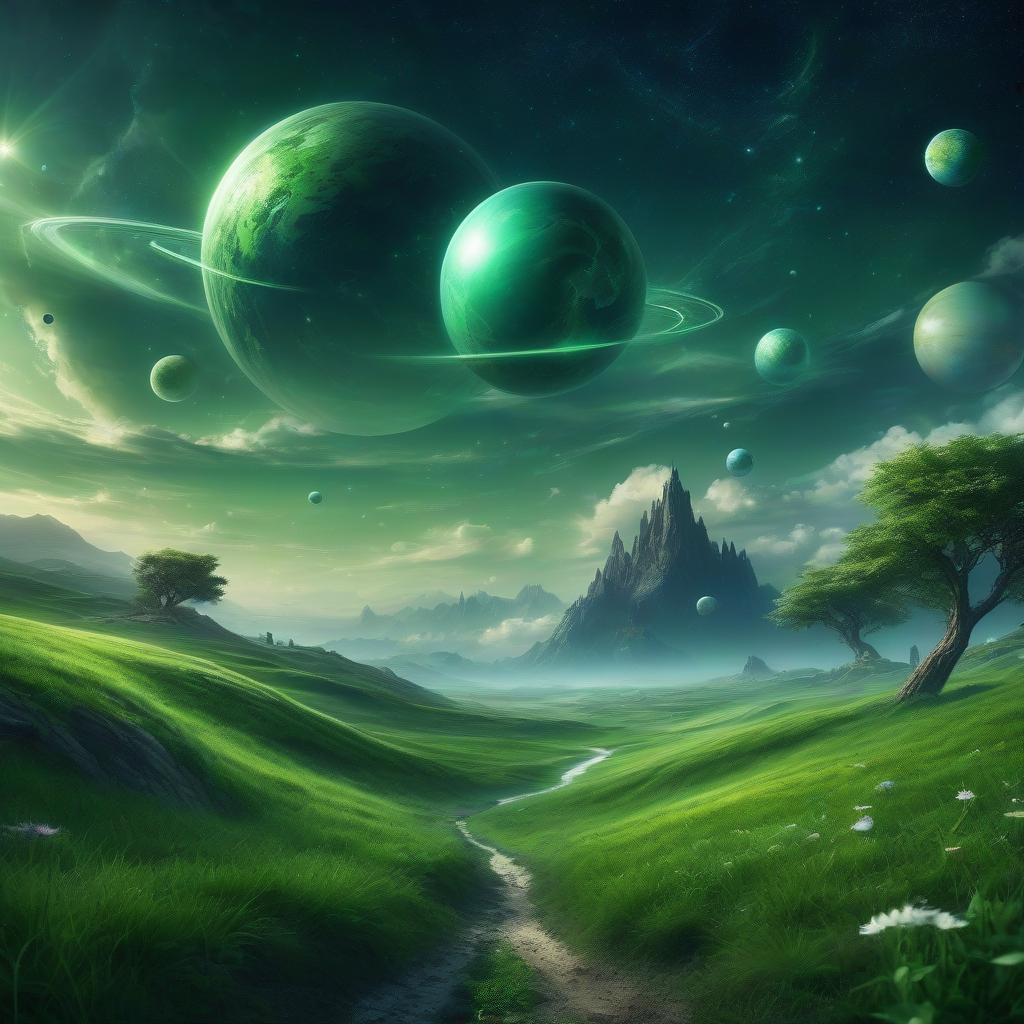  fantastic but beautiful landscape, green field, grass wobbles in the wind, and in the sky among the clouds you can see the stars and planets and the sphere of the dyson