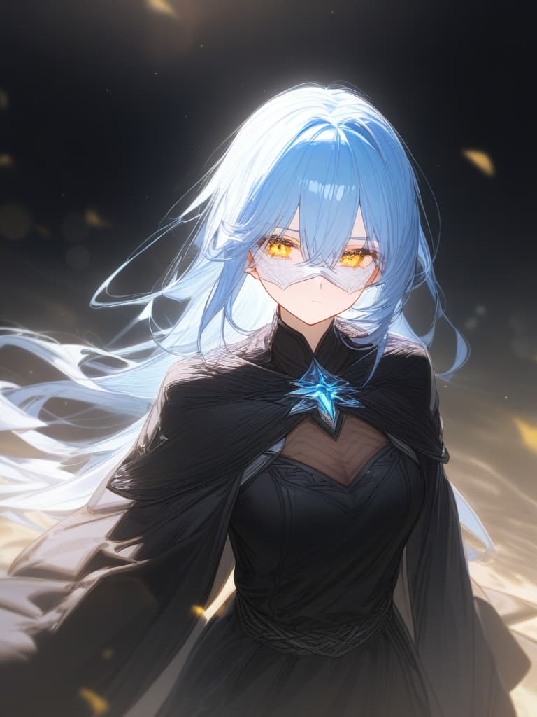  light blue hair long, yellow eyes, white mask, dark magic, black robe, masterpiece, best quality,8k,ultra detailed,high resolution,an extremely delicate and beautiful,hyper detail