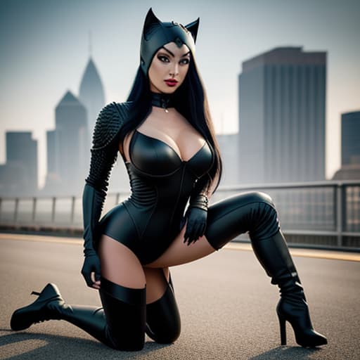  daring beautiful cosplay woman with long black hair dressed as catwoman with ripped costume kneeling in long tight thigh length high heeled boots, soft focus, depth of field, 8k photo, hdr, professional lighting, taken with canon eos r5, 75mm lens hyperrealistic, full body, detailed clothing, highly detailed, cinematic lighting, stunningly beautiful, intricate, sharp focus, f/1. 8, 85mm, (centered image composition), (professionally color graded), ((bright soft diffused light)), volumetric fog, trending on instagram, trending on tumblr, HDR 4K, 8K