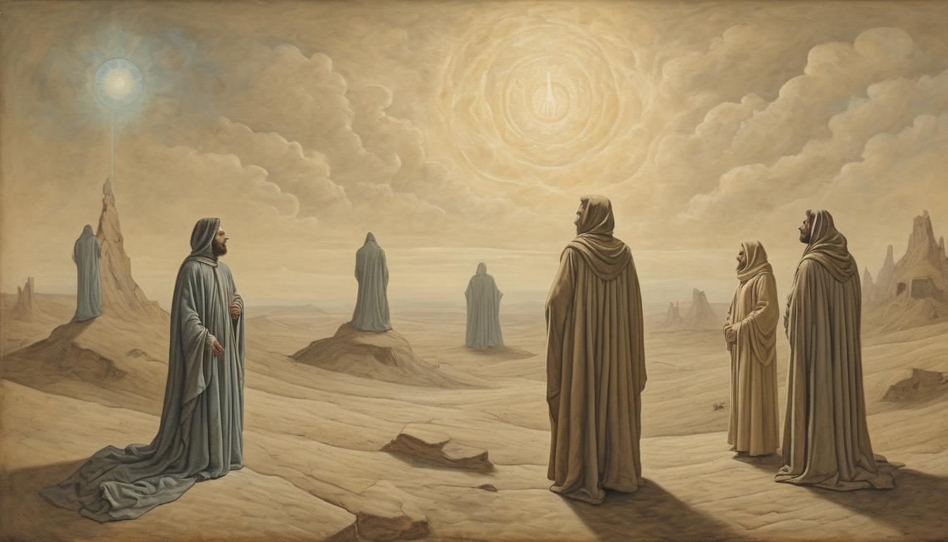  on parchment, surrealism++, ascendant figures, dressed in humble robes, glowing auras, rising above a desolate landscape, faces turned upwards in hope, somber and uplifting(mysterious, provocative, symbolic)++