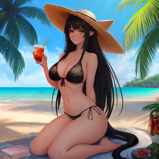  A with long hair, black hair, green eyes, a fluffy tail, long cat ears, a , a beach, palm trees, a straw hat, lying on a sunbed, full size, bare feet, holds a coconut with a straw in her hands, a satisfied smile, high detailed drawing, a sunny light., (rough brush strokes: 1.5), [soft impressionist brush strokes:1.2], blinding light, canvas texture, muted colors, by Brent Heighton, by Richard Schmid hyperrealistic, full body, detailed clothing, highly detailed, cinematic lighting, stunningly beautiful, intricate, sharp focus, f/1. 8, 85mm, (centered image composition), (professionally color graded), ((bright soft diffused light)), volumetric fog, trending on instagram, trending on tumblr, HDR 4K, 8K